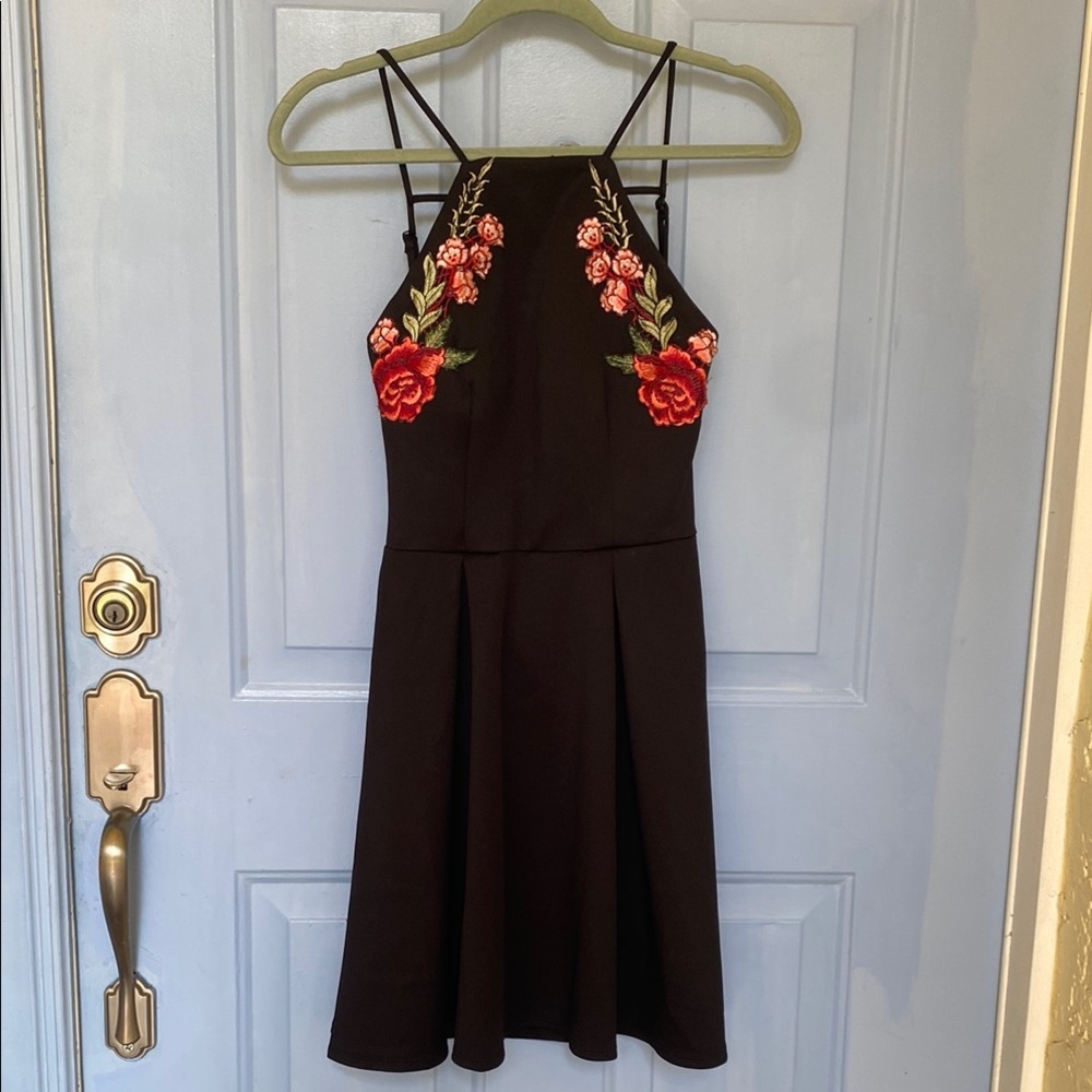 Black Embroided Cocktail Mini Dress, Open back